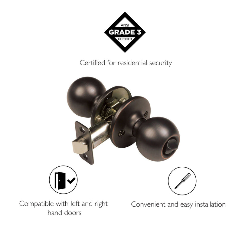 Design House Ball Privacy Door Knob for Bed & Bath Doors, Oil Rubbed Bronze Finish, Locking Interior Door Knob, Reversible Left or Right Hand, Adjustable Latch, ANSI Grade 3 Certified, Model 791590