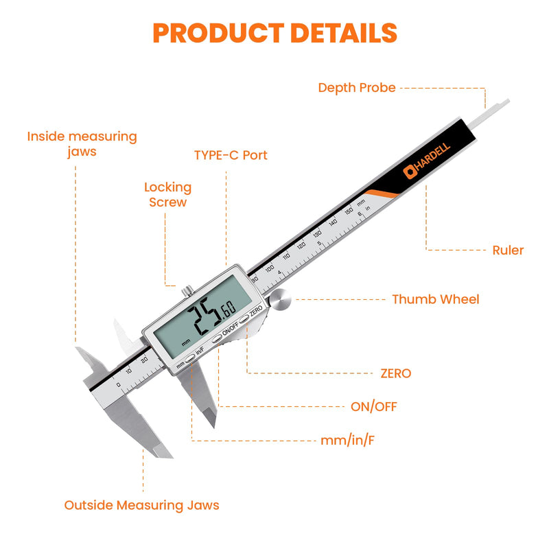 HARDELL Digital Caliper, Rechargeable Calipers with Large LCD Screen, Stainless Steel Caliper Measuring Tool, Auto-Off, Inch/MM/Fraction for DIY/Household/3D-printing 6 Inch