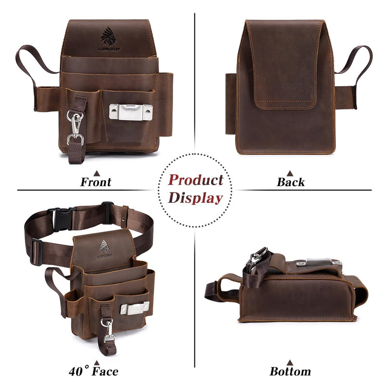 Genuine Leather Electrician Tool Pouch and Belt, Adjustable Leather Tool Belt with Multi-Pockets for Electricians, Brown Small