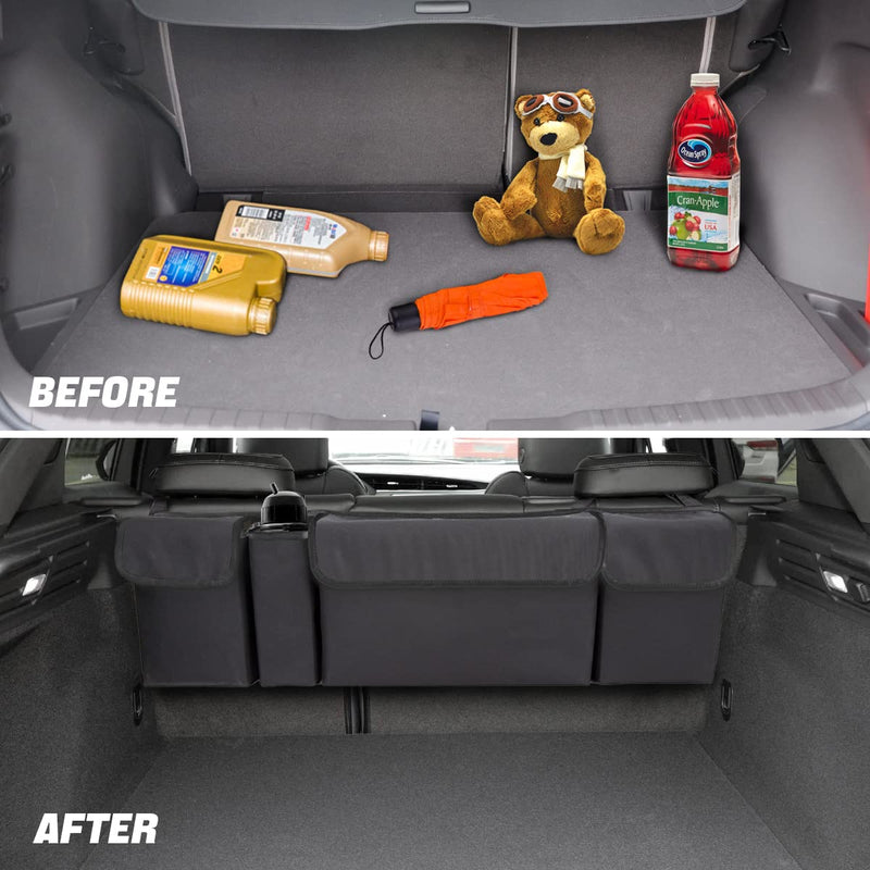 AUCELI Car Trunk Organizer, Backseat Hanging Large Storage with Adjustable Straps, Waterproof Collapsible Cargo Bag with 4 Pockets, Sturdy Space Saver Frees Trunk Floor for SUV, Truck, MPV Black