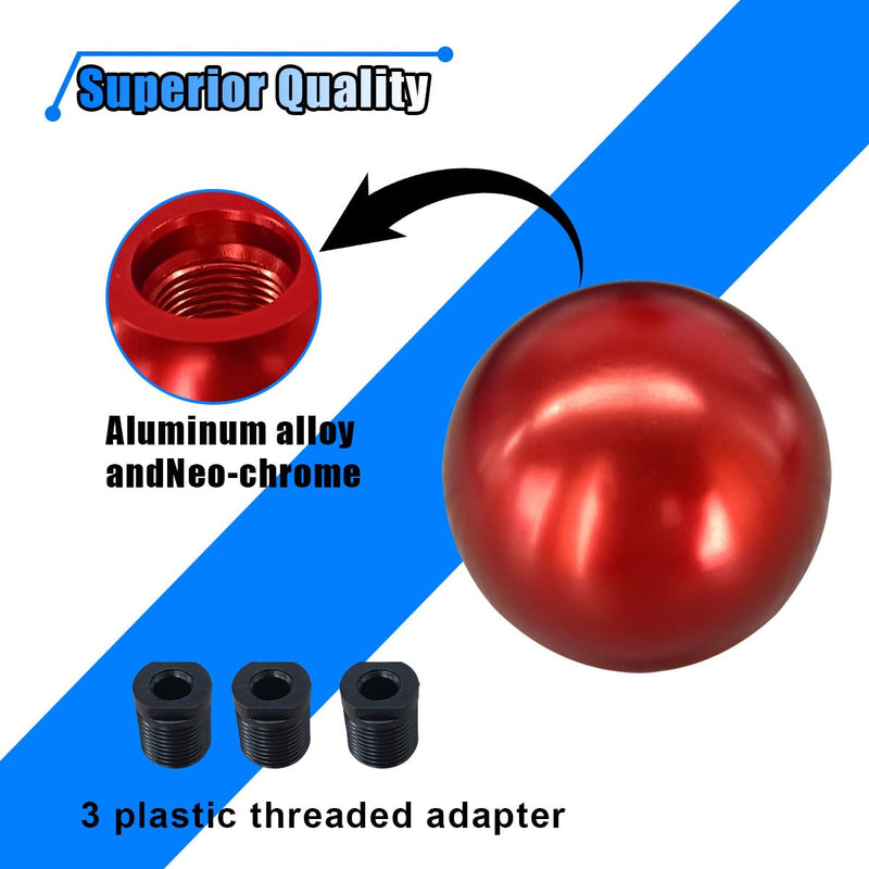 Car Round Ball Gear Shift Knob, Aluminum Alloy Gear Shift Stick Head for Most Manual Vehicles with 3 Adapters M8, M10, M12 (Red) Red