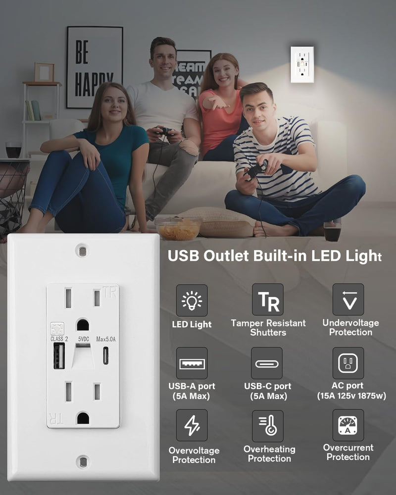 USB Outlet with Light, Modern 15A Standard Outlet with Night Light, USB Type A & Type-C Electrical Outlet with Light,Tamper Resistant(TR) Receptacle Outlet with LED Light-Easy to Install (4PCS, White) 4