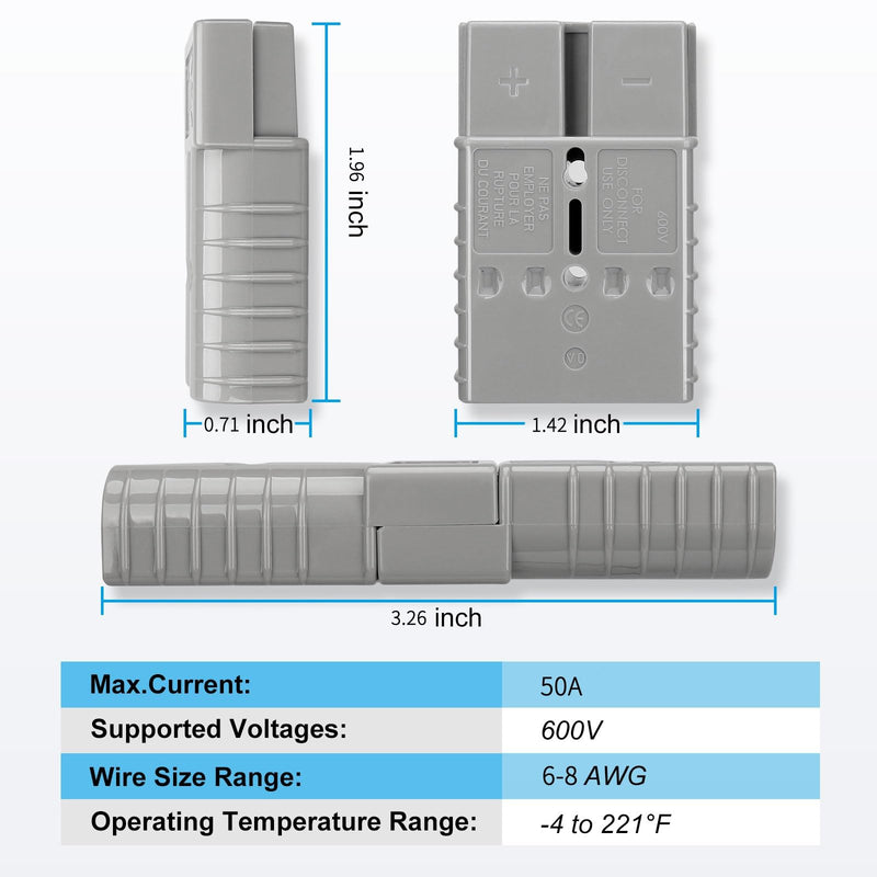 10Pcs 50 Amp 600V Connector Kit, Grey for Outdoor RV Power, Batteries, 4x4 Off-Road Winch