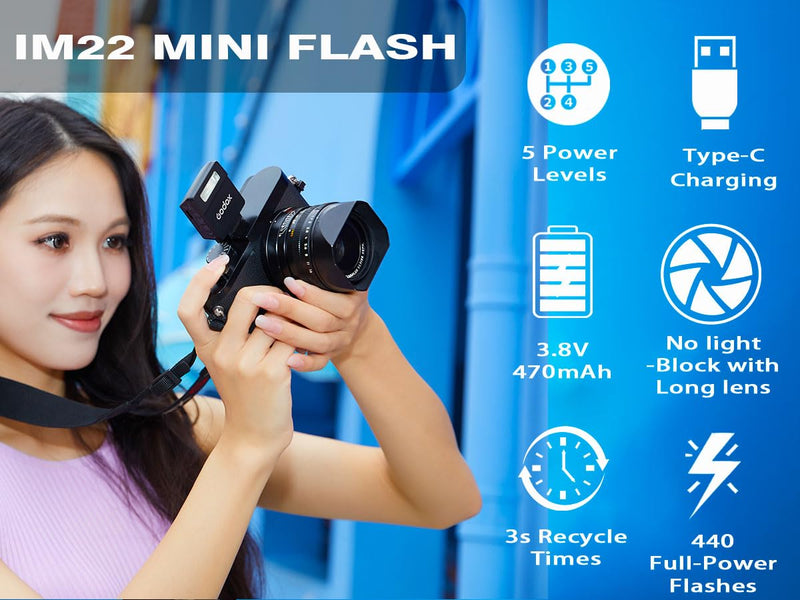 Camera Flash Godox iM22 Godox Flash - GN10/470 mAh/Type-c Charge/440 Full-Power Flashes/3s Recycle Times/5 Power Levels/Manual, Camera Flash for Sony zv1/Sony zve10/Ricoh gr3/Fujifilm f1 etc. Black