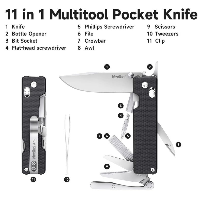 NexTool Knight K30 Multitool,11-in-1 Pocket Knife Multi tool with Axis Lock,Serrated Scissors,Tweezers,Awl,4mm 10-in-1 Bit Set for DIY、Repairs、Gifts Screw