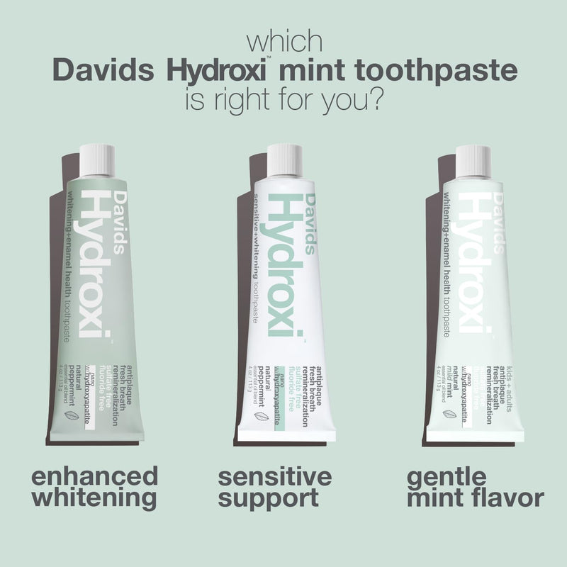 Davids Hydroxi Fluoride Free Nano Hydroxyapatite Toothpaste for Remineralizing, Sensitive Support, Whitening, Antiplaque, SLS Free, Natural Peppermint, 5.25oz, Made in USA (3 Pack) 2. Whitening Peppermint 5.25 Ounce (Pack of 3)