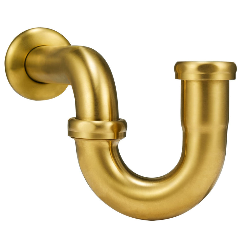 18 Gauge Solid Brass P-Trap 1 1/4” OD, Heavy Duty Brass Tubular J Bend Pipe Connector, Decorative Bathroom Basin Sink Waste Trap Drain Kit with Flange and Gasket Washers, Brushed Gold