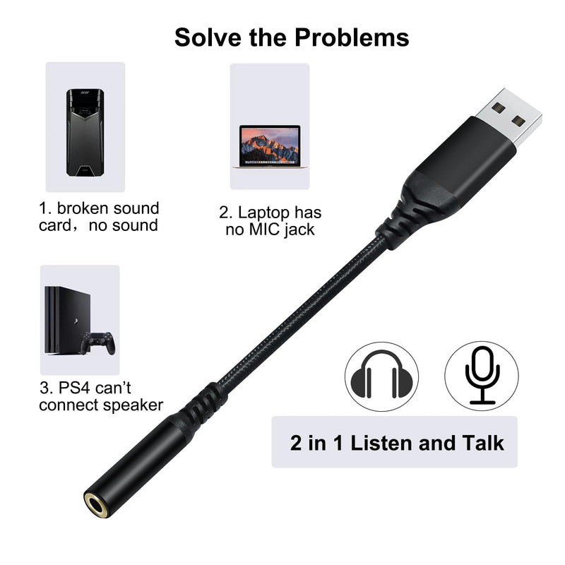 DCHAV USB to 3.5mm Jack Audio Adapter Headphone Microphone External Sound Card AUX USB Type A to 3.5 mm Cable 4 Pole TRRS Female Interface Line Control for PC Laptop Speaker Headset PS4 PS5, Black