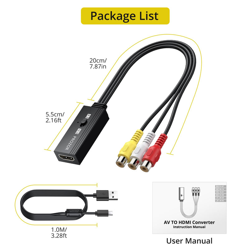 PROZOR RCA to HDMI Converter - 4:3/16:9 Switch, 1080P AV to HDMI Adapter | Mini Composite CVBS Audio Video Adapter, for PS1/PS2/N64/Wii/Xbox and VCR/VHS/DVD Players to HDTV, Plug & Play