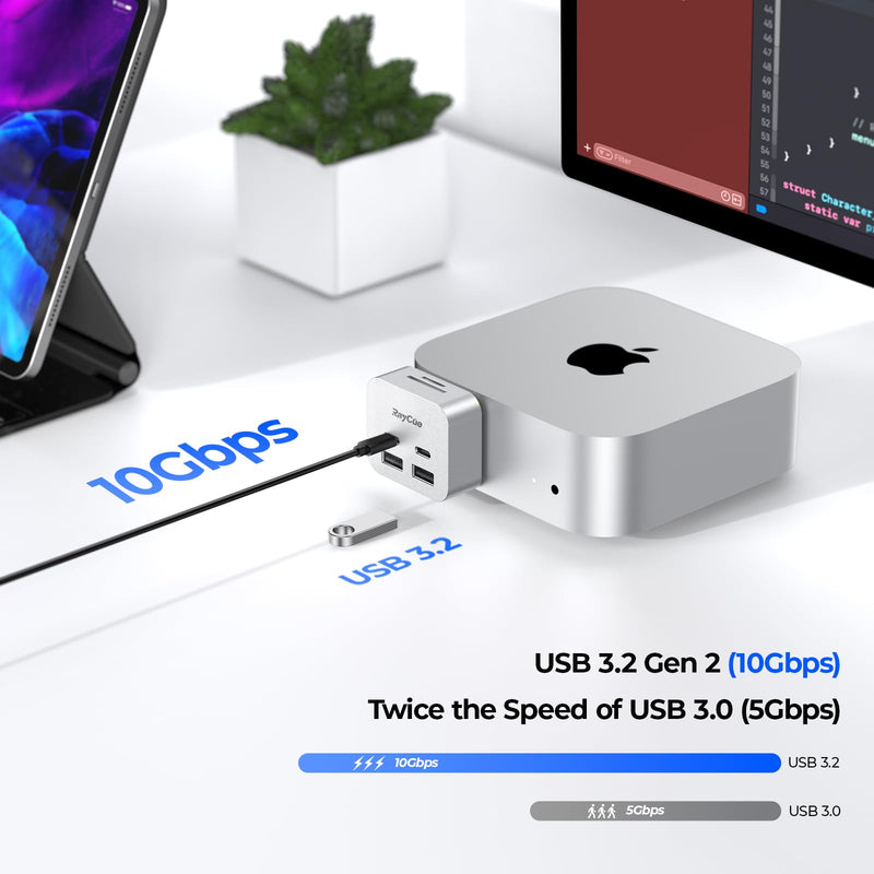 RayCue MiniPack Expansion Dock for Mac mini M4 | 6-Port USB-C Hub with Dual 10Gbps Adapters, 2 * 10G USB-C/ 2 * 10G USB-A/SD TF 3.0 Card Reader | High-Speed Data Transfer & Multi-Device Connectivity