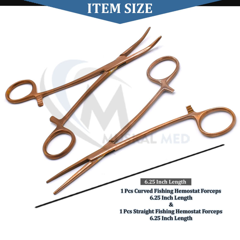 Set of 2 Curved & Straight 6.25" Hemostat Set (Rose Gold) - Stainless Steel Locking Tweezer Clamps - Ideal Hemostats for Nurses, Fishing Forceps, Crafts and Hobby