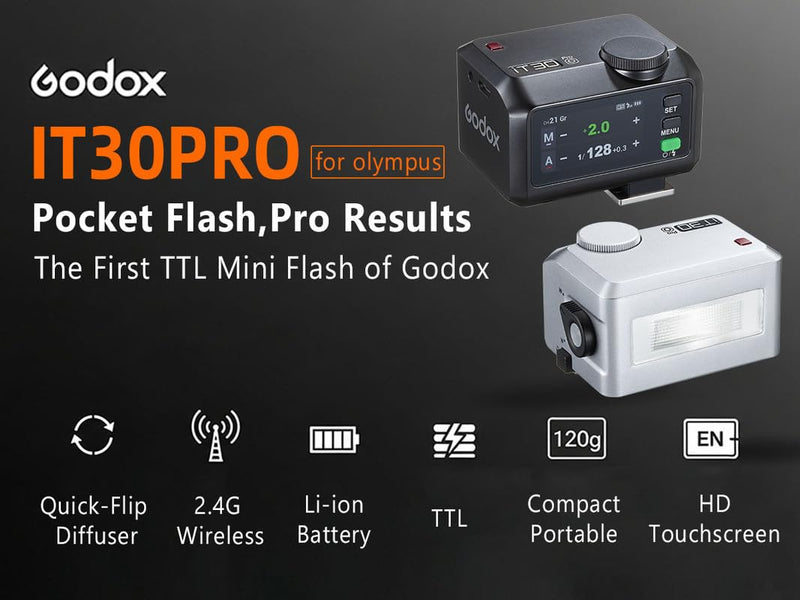 Godox iT30 pro O TTL Mini Flash & Trigger- GODOX Authorized Distributor iT30 Pro O for Olympus - IT30Pro TTL Flash, Wireless Master & Receiver, HSS 1/8000 Second, 2.4G Wireless Black
