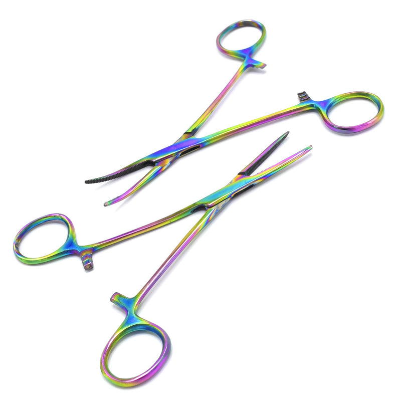 2 Hemostat Curved and Straight Hemostat Forceps Piercing Pliers Multi Color Rainbow Forceps with Serrated Jaws, 5.5 Inch Stainless Steel Straight and Curved Pliers,Fishing Tweezer Hemostats
