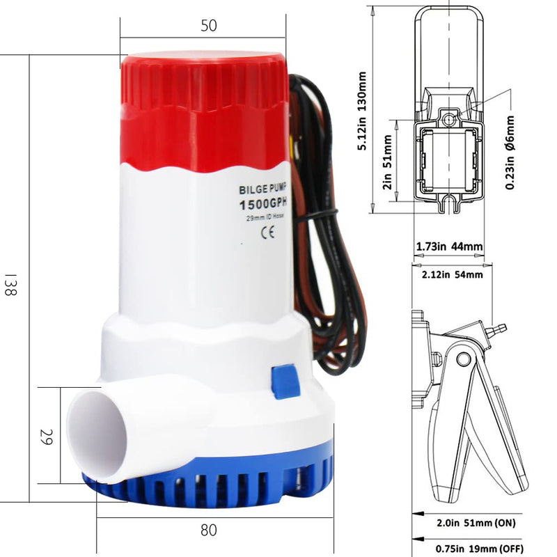 MAKERELE 12V 1500GPH Low Noise Electric Bilge Pump, Non-automatic Pump For Water Tank Pool Yacht RVS Ets 1500gph bilge pump with switch