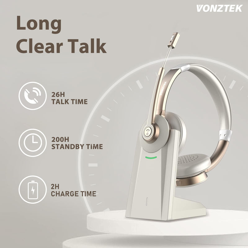 Wireless Headset, Bluetooth Headphones with Microphone AI Noise Canceling/Charge Dock, Wireless Headset with Mic Mute & USB Dongle for Computer Phone Remote Work Office Call Meeting Teams White Gold