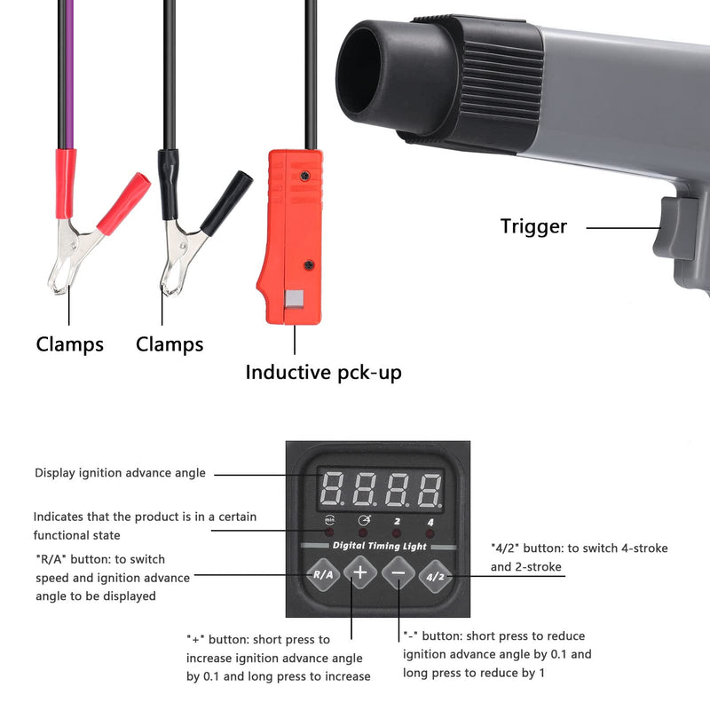 Ignition Timing Light, 12 V Professional Digital Display Inductive Timing Light Car Motorcycle Petrol Engine Ignition Timing Strobe Lamp Detector Auto Motorcycle Detection Diagnosis Tool