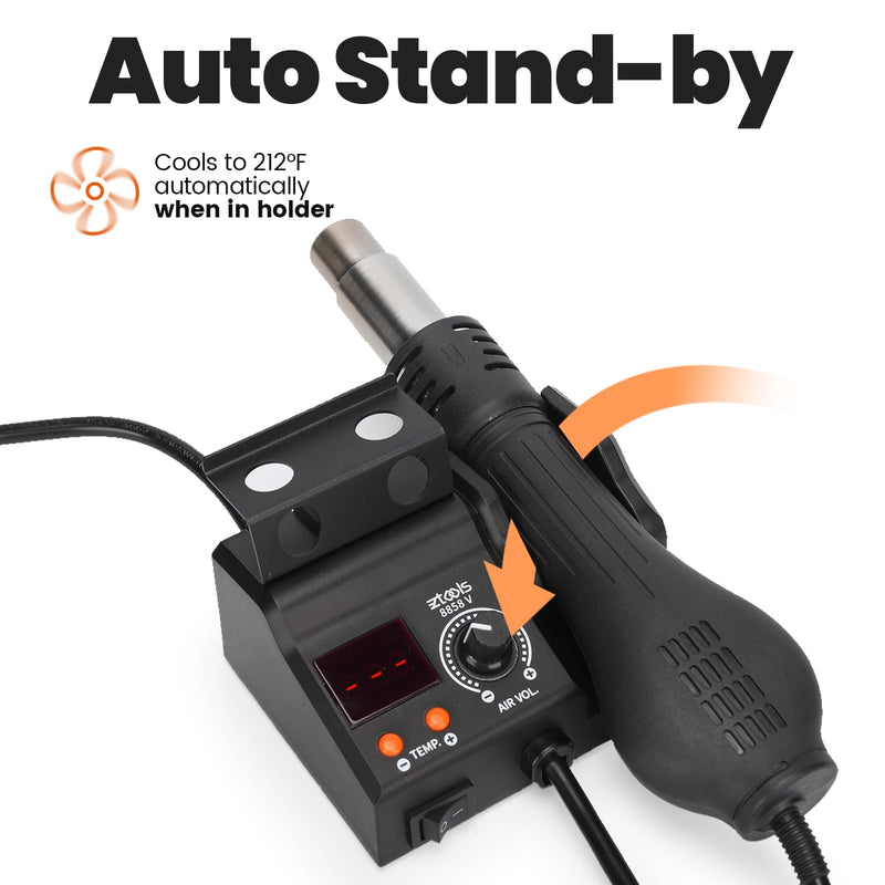 8858-V Compact Entry-Level Hot Air Rework Station Iron Kit with Integrated Design, 3 Hot Air Nozzles, PID Temp Control, Adjustable Temp & Air Volume, °C/°F Conversion, Auto Stand-by Mode