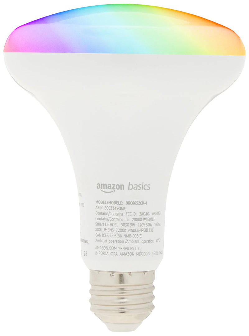 Amazon Basics Smart BR30 LED Light Bulbs, Color Changing, 9W (60W Equivalent), 800LM, Energy Efficient, Voice Control, Works with Alexa Only, 2.4 GHz Wi-Fi, No Hub Required, 4-Pack 4 Pack