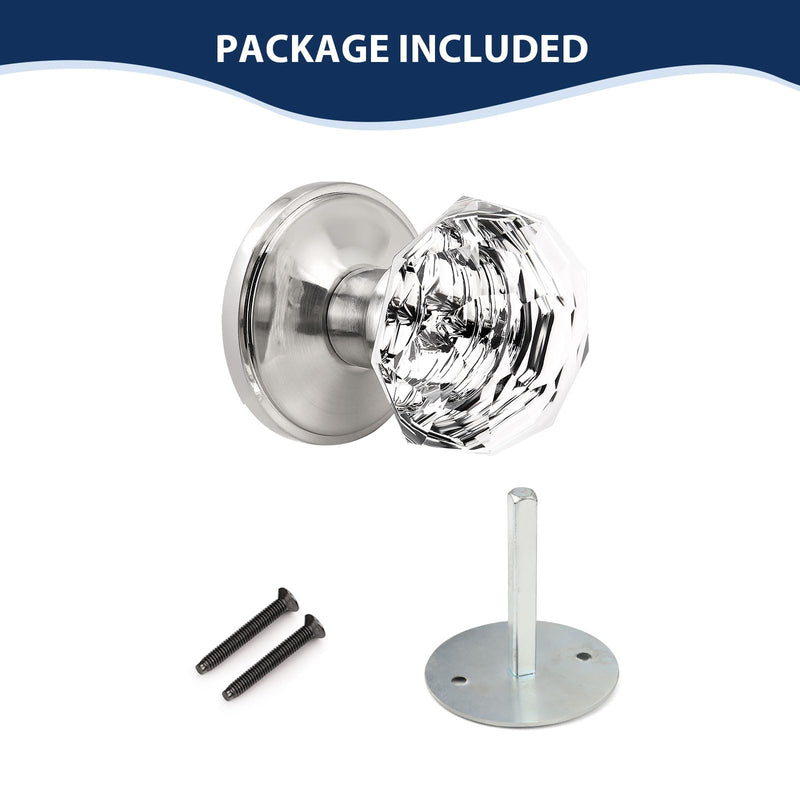 Orger Dummy Crystal Door Knobs with Diamond Shape in Satin Nickel Finish, Inactive Non-Turning Single Side Interior Dummy Handles for French Door/Cloakroom, 2 Pack Stain Nickel