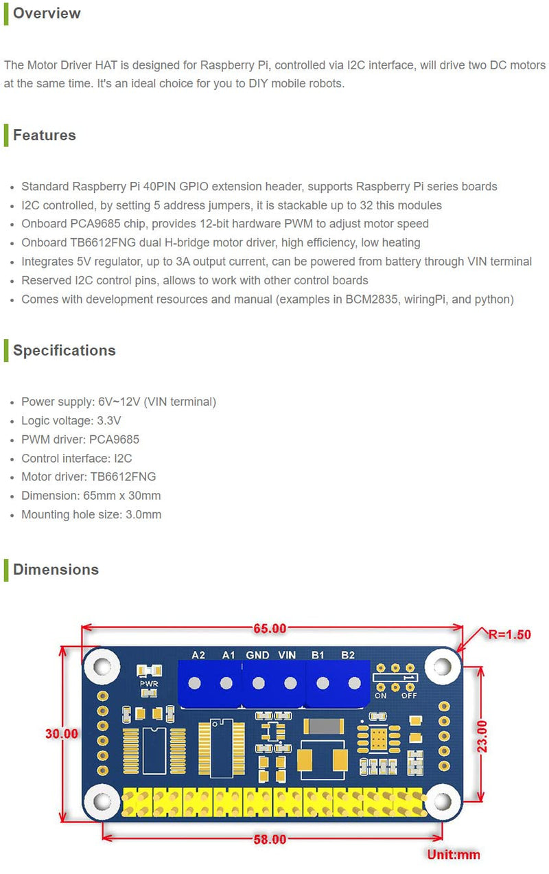 Waveshare Motor Driver HAT for Raspberry Pi Zero/Zero W/Zero WH/2B/3B/3B+ via I2C Interface Driving Two DC Motors