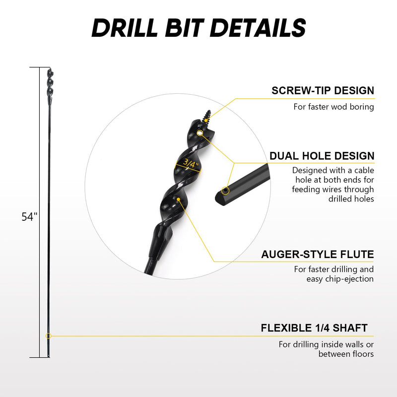 HANSHAN 54-Inch Flexible Installer Drill Bit for Pulling Wires, 3/4" Auger with Screw Point & Fish Eye, 1/4" Anti-Slip Shank 54 in. (4.5 FT) 3/4 in.