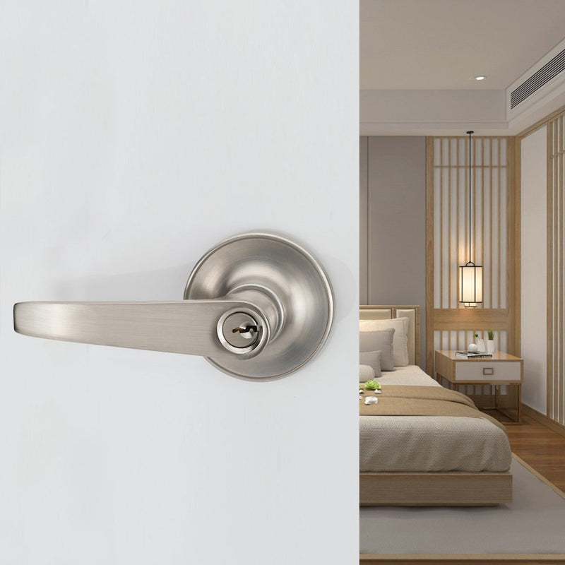 1 Pack of MANREN Lever Keyed Entry Door Lever Handle Lock, Universal Door Knob Hardware,Nickel Brushed Color (MR802ET) 1 Pack Entrance Nickel Brushed