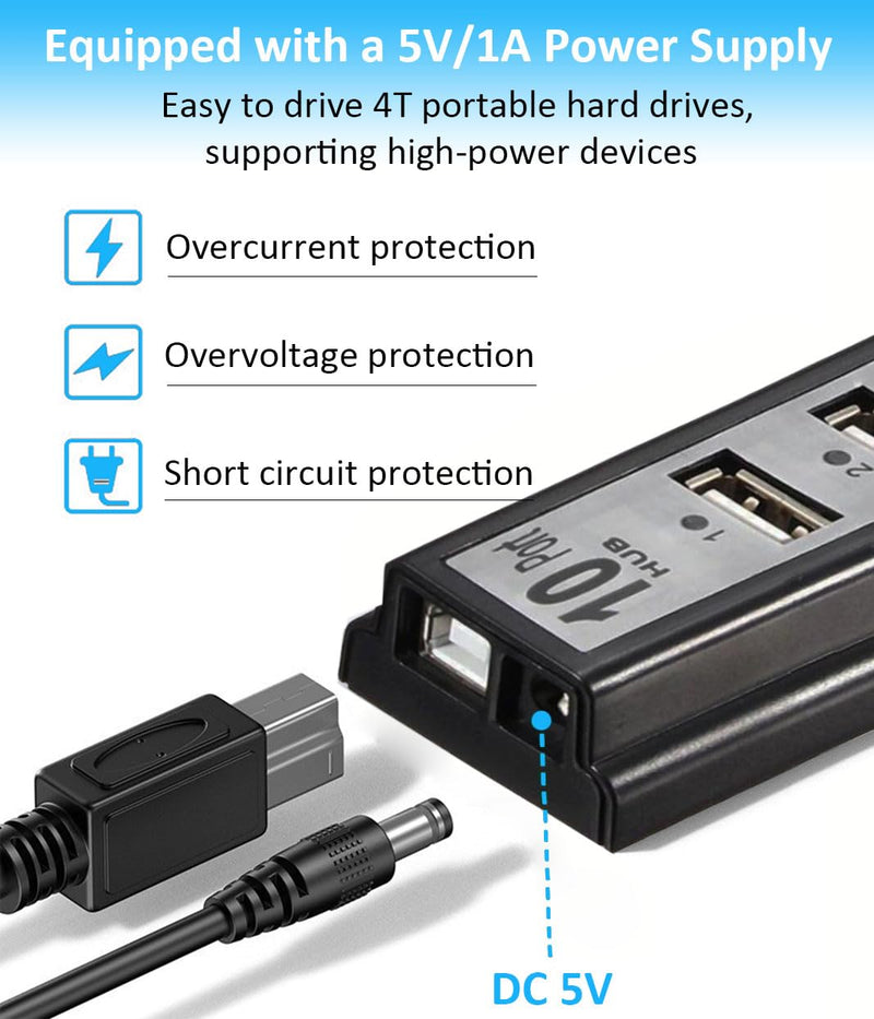 USB Hub 10-Ports, USB Hub Extender Network Splitter Adapter Fast Charging/Data Transfer with Powered, for MacBook, PC, Laptop, Mice, Keyboards USB Hub 10-Ports