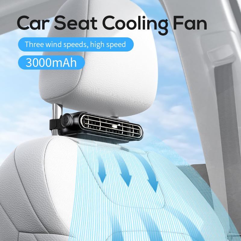 Car Seat Fan for Car Headrest, USB Cooling Fan, 3-Speed, Black | 3000mAh battery car fan with adjustable airflow for backseat kids, drivers, SUVs, vans and RVs.