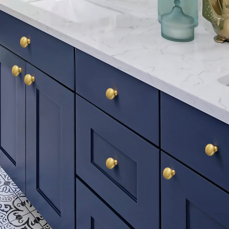SALISENG Brushed Gold Kitchen Cabinet Knobs -5 Pack Solid Brass Handle for Dresser Drawer,1-1/4 Inch Diameter, Modern Round Cupboard Closet Vanity Pulls - Furniture Hardware for Bathroom Bedroom 1-1/4 Inch Diameter