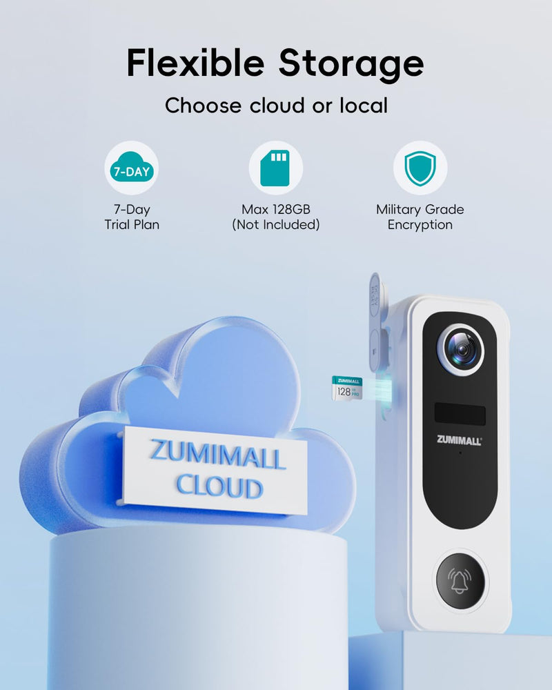 ZUMIMALL Doorbell Camera Wireless, Video Doorbell Wireless with Chime&SD, 2 Way Audio, Voice Changer, 30s Voice Message, Anti-Theft, AI Detection, 2.4Ghz WiFi, Battery Powered, Work with Alexa, White