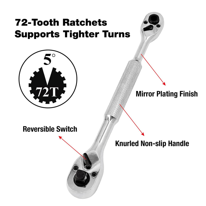 MacWork 4-in-1 Wrench and Universal Socket Set, 1/4", 3/8", 1/2" Drive and 1/4" Drive Bit Driver Ratchet Handle, 72-Tooth, with Universal Socket(7-19mm), Phillips #2 & Slotted 1/4" Screwdriver Bit