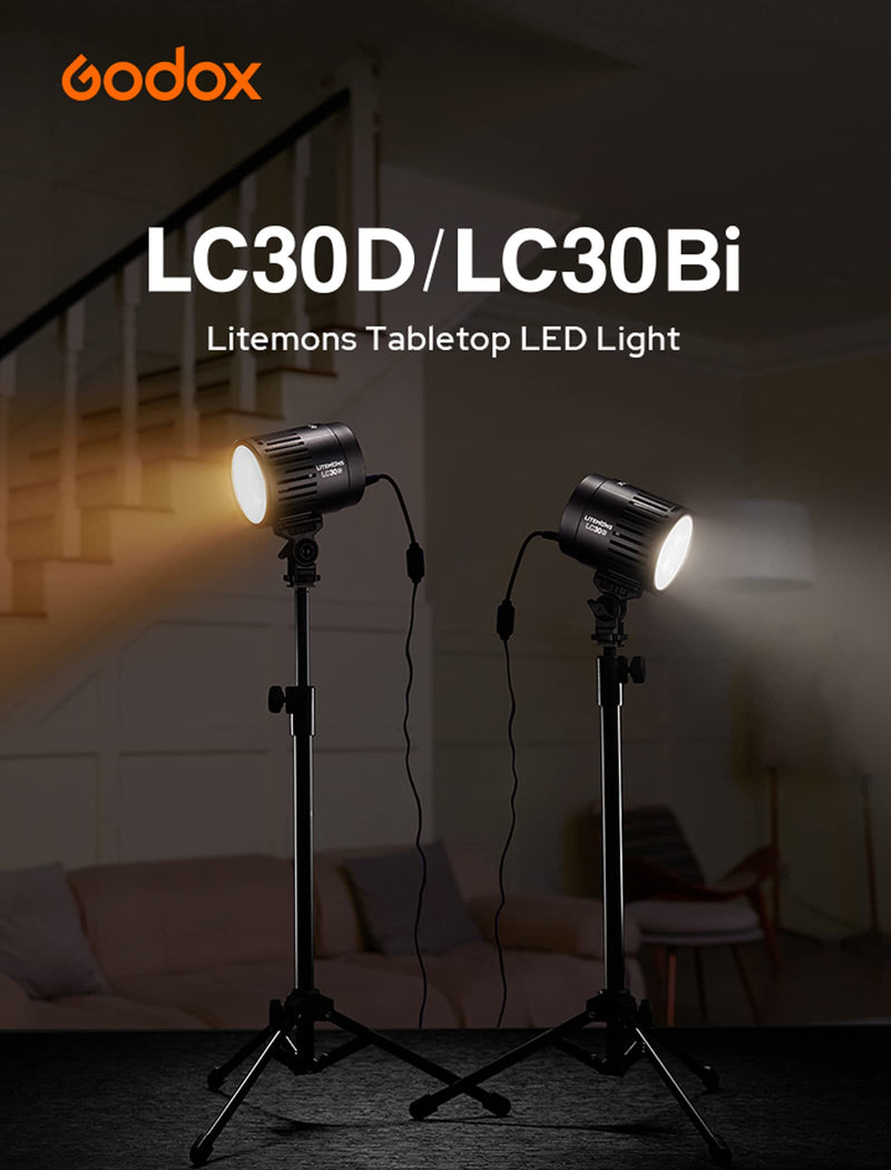 Godox LC30Bi 3200K-5600K Bi-Color Litemons Tabletop LED Light,25200LUX@0.5m, CRI 95+/TLCl 96+, 11 Preset Lighting FX Effects