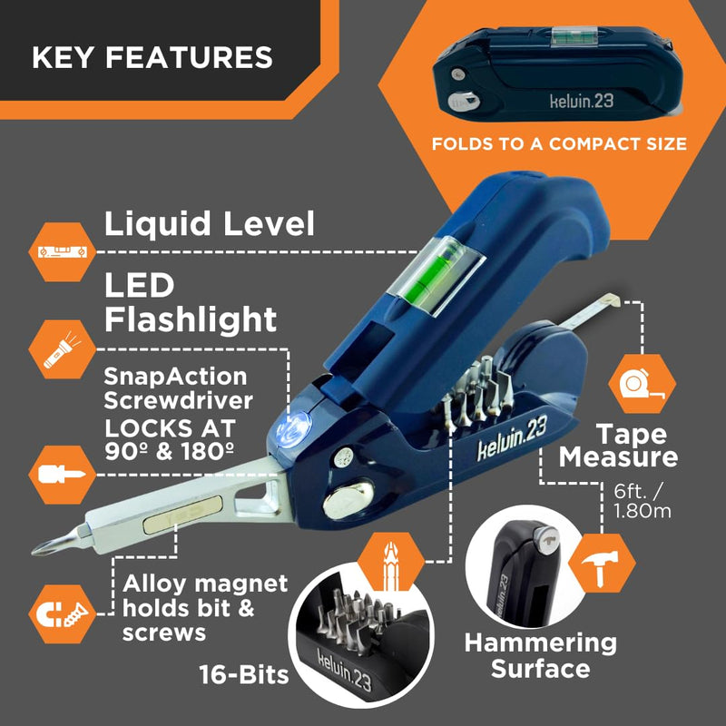 Kelvin Tools Kelvin 23 Urban Multi Tool Screwdriver Set All in One with 16 Bit Set, Tape Measure, Liquid Level, Hammer, Flashlight, Multibit, Universal Precision Screwdriver - Navy
