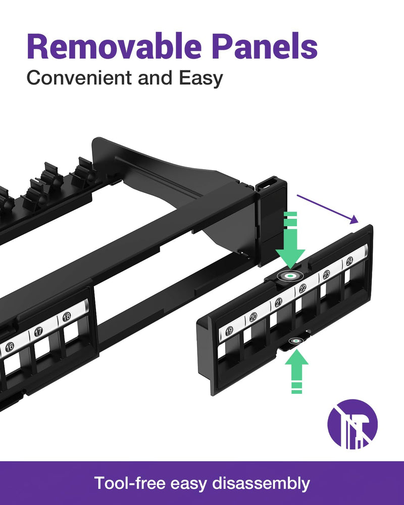 VCE Cat6 Patch Panel 24 Port, 1U Blank Removable Panel with Adjustable Rear Cable Management Bar for RJ45, HDMI, Coax, Speaker Keystones, 19 inch, 1 Pack