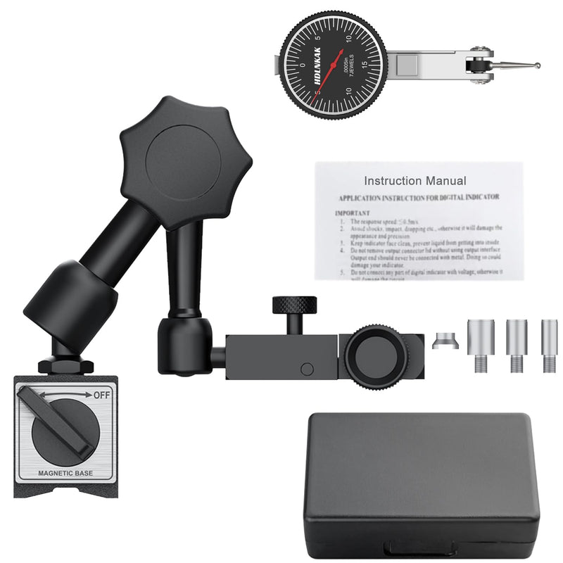 HDLNKAK Dial Test Indicator with Magnetic Base Stand（90lbs /40kg), 0-0.03"x0.0005" Test Indicator，with 3 Metal Dovetail Clamps in Storage Case (Black) Black
