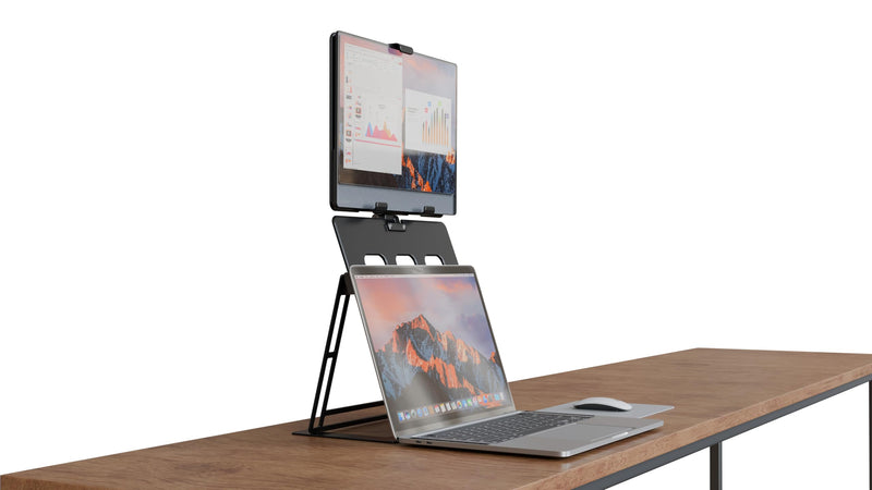 HNL Portable Monitor Stand, iPad & Tablet Holder, clamp Retention, Foldable, mountable Small Desk, Supports 7.75 inch to 10.75 inch Screen Width, Travel with Laptop, Black
