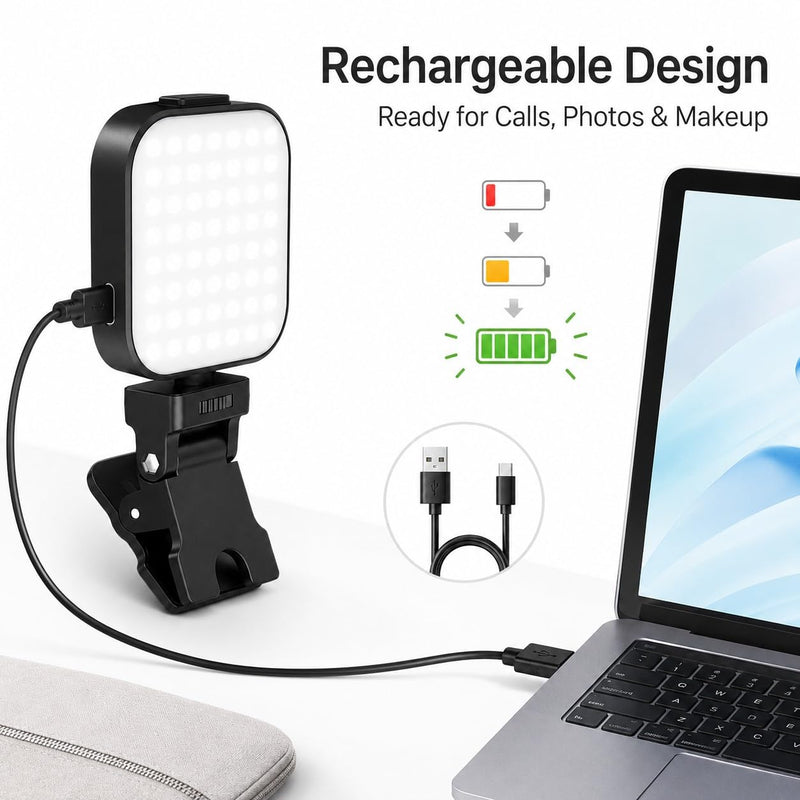 Portable Selfie Light for Phone, Rechargeable Video Conference Lighting with Clip & Tripod Adapter, Multi Light Modes for Webcam, Laptop, Makeup, Photo and Video Calls