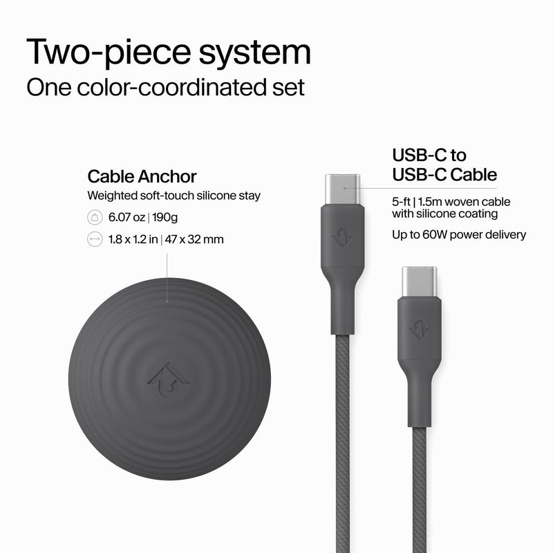 Twelve South CableStay USB-C Cable & Weighted Anchor – 5-ft (1.5 m) USB-C to USB-C 60W Charging Cable, Desk Cable Holder for iPhone, iPad, AirPods, MacBook Air, and More (Slate) Slate