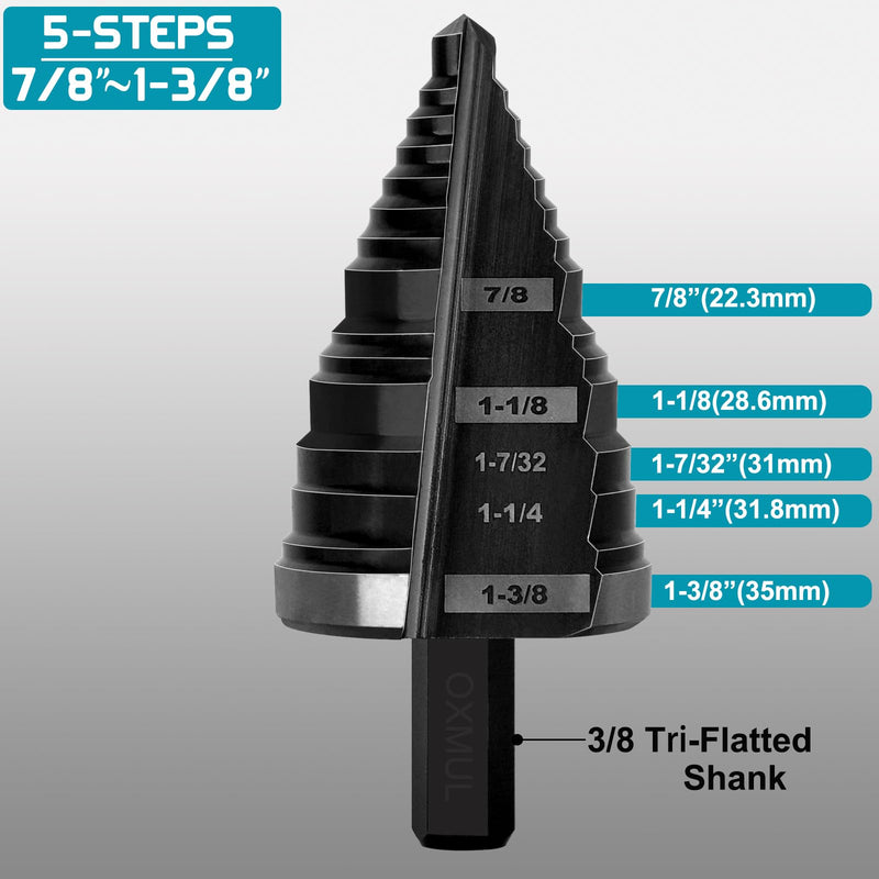 Step Drill Bit for Metal,1-3/8",Cobalt Drill Bits, | Heavy Duty for Stainless Steel, Hard Metal, Aluminum, Copper, Industrial Grade,5-Steps. Co138Z 7/8" to 1-3/8"