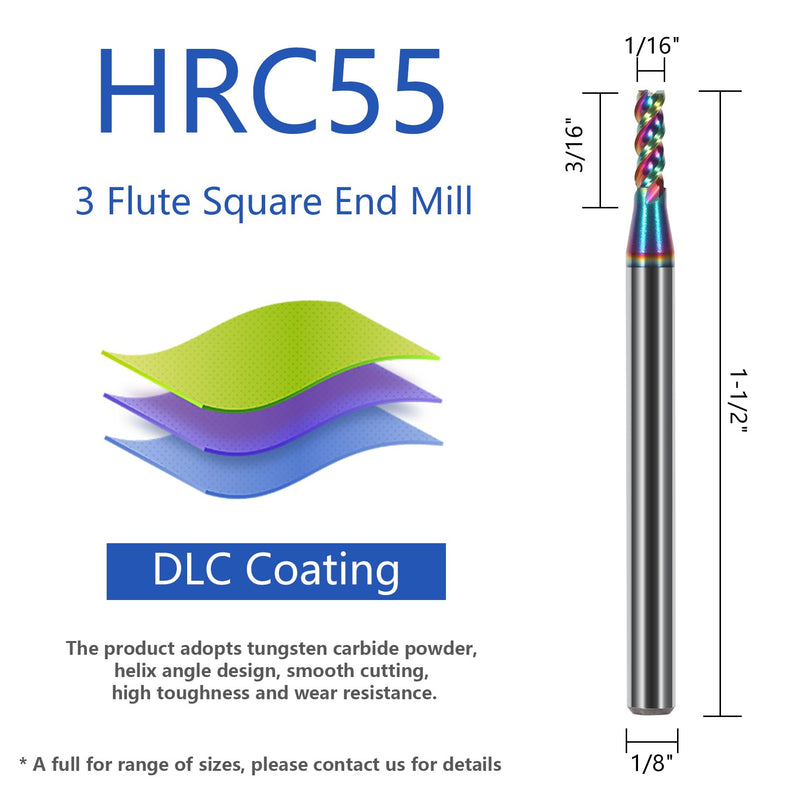 5pcs 1/16" Solid Carbide Flat End Mills Set 3 Flute Diamond-Like Coating End Milling Cutter for Aluminum,Copper,Magnesium Alloys 1/16"-DLC Coated Multicolored 5