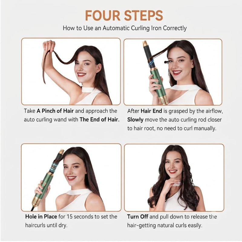 Hair Styler 5 in 1, Magic Styler, 1000W Hair Dryer Brush for Hair Styling, Hot Air Brush with Auto Wrap Air Curler Wand, Hair Straightener Brush, Round Brush Hair Dryer for Volumise, Curls, Style Green