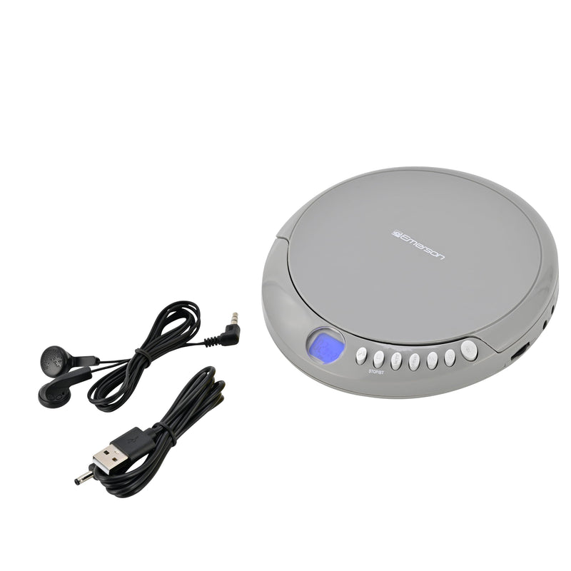 Emerson EPCD-2003 Portable CD Player with FM Radio, Bluetooth 5.3 AudioStream™, 60-Second Anti-Shock, 20-Track Memory, LCD Display, Dual Power (Micro-USB/Battery) & Earphones Included Gray