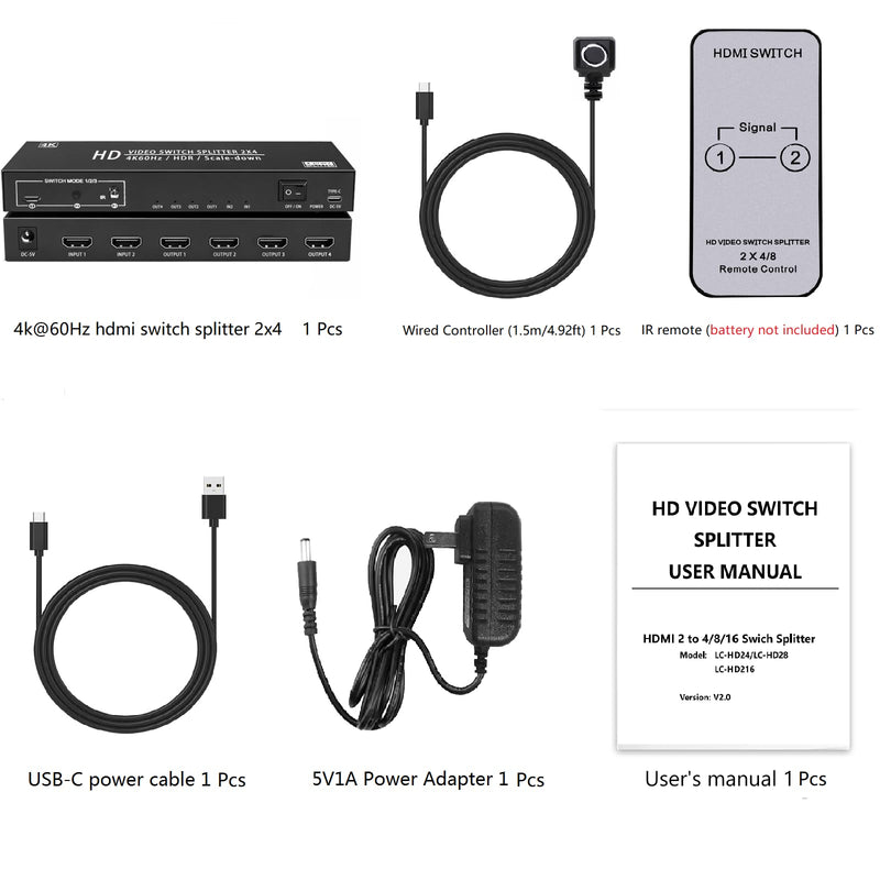 4K@60Hz 2X4 HDMI Switch Splitter 2 in 4 Out with Remote, Dual Power Supply DC5V1A&USB-C Powered, Auto Downscaling, 4K&1080P Sync, 18Gbps HDR10 3D, Only Mirror Screens (No Extend) for PS5 Xbox HDTV