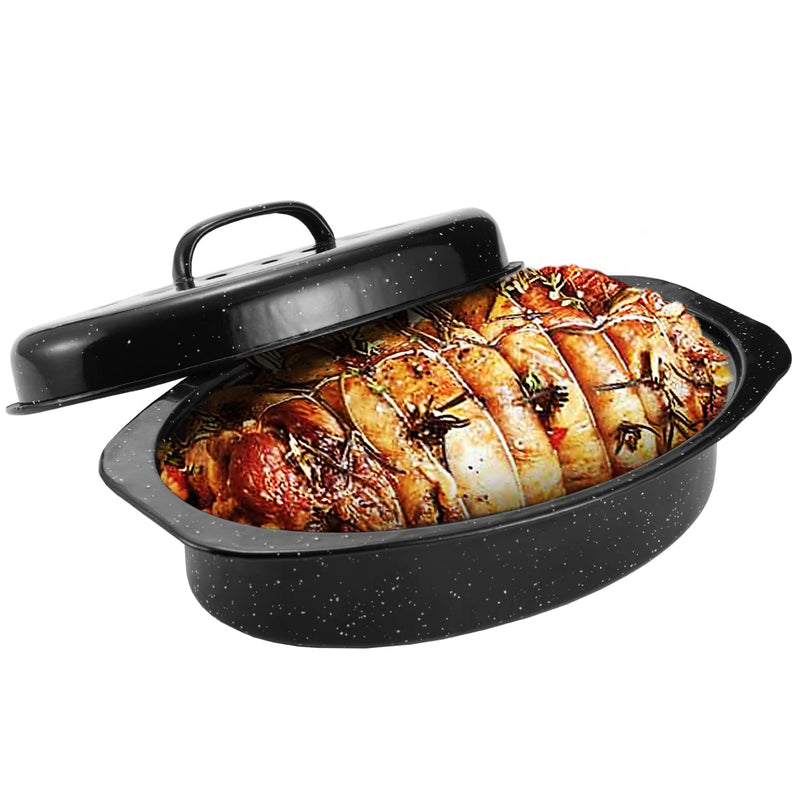 JY COOKMENT Granite Roaster Pan, Small 13” Enameled Roasting Pan with Domed Lid. Oval Turkey Roaster Pot, Broiler Pan Great for Small Chicken, Lamb. Dishwasher Safe Cookware Fit for 7Lb Bird Porcelain 13INCH