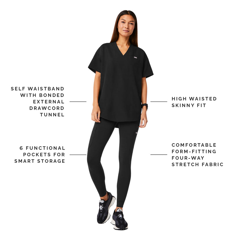 FIGS Seville High Waisted ScrubLegging for Women — Slim Fit Scrub Pant Legging, 6 Pockets, Form-Fitting, 4-Way Stretch Medium Black