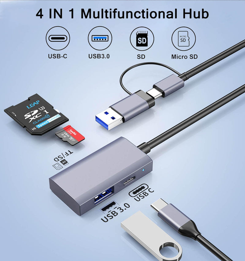 USB C USB 3.0 SD Card Reader, TIEDXIOY Aluminum 4 in 1 USB A&C Hub with Memory SD/TF Card Reader, 1*USB 3.0, 1*USB C Data Port Compatible for PC, Laptops, MacBook Pro/Air, iMac Pro,Surface and More