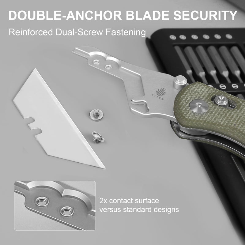 Kizer Uti Bear(New Dual-screw Version) Folding Utility Knife, Clutch Lock Box Cutter EDC Pocket knife with 5PCS Razor Blades, Pocket Knives with Pocket Clip for Men Women V3619JM1 Olive Green