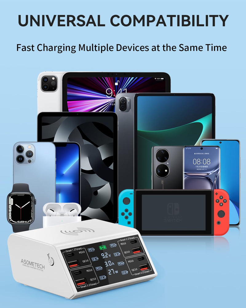 USB Charging Station,100W 8-Port Charging Station for Multiple Devices with 4 QC3.0+4 USB-C PD Ports,Wireless Charger,Multi Fast Charging Hub Charger Station for iPhone,Samsung, iPad White