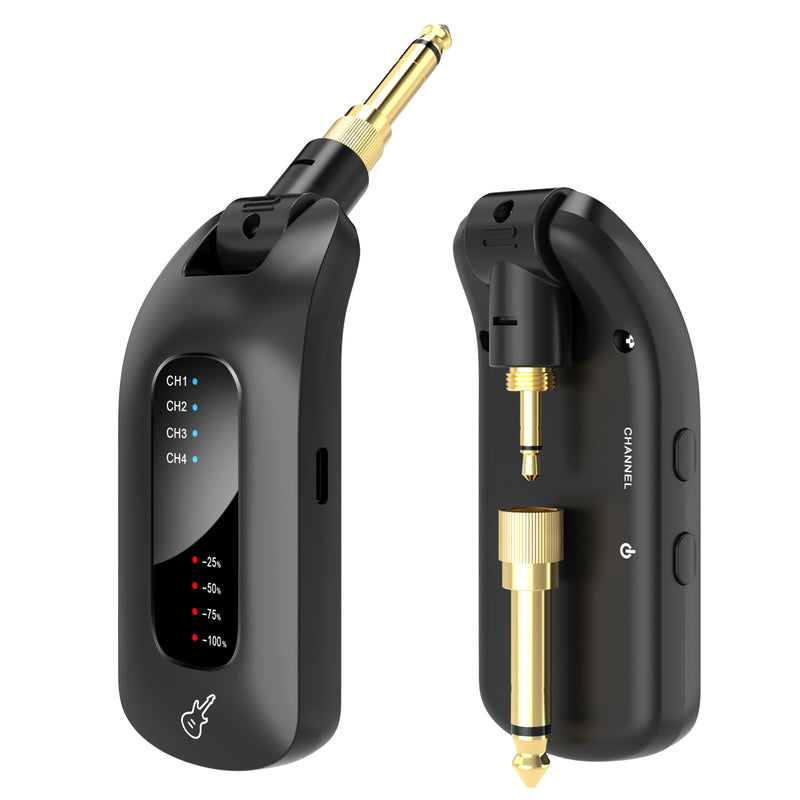 5.8GHz Wireless Guitar Audio System - Rechargeable Transmitter and Receiver with 4 Channels, Low Latency and Over 164ft Long Range Transmission, Compatible Guitar Bass Electric Instruments