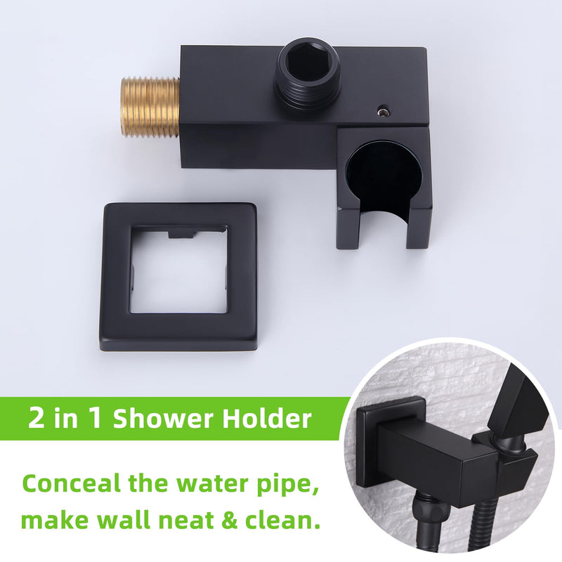 Wall Union with Hand Shower Holder, Angle Simple Brass Wall Mounted Supply Elbow with Adjustable Shower Wand Bracket Matte Black
